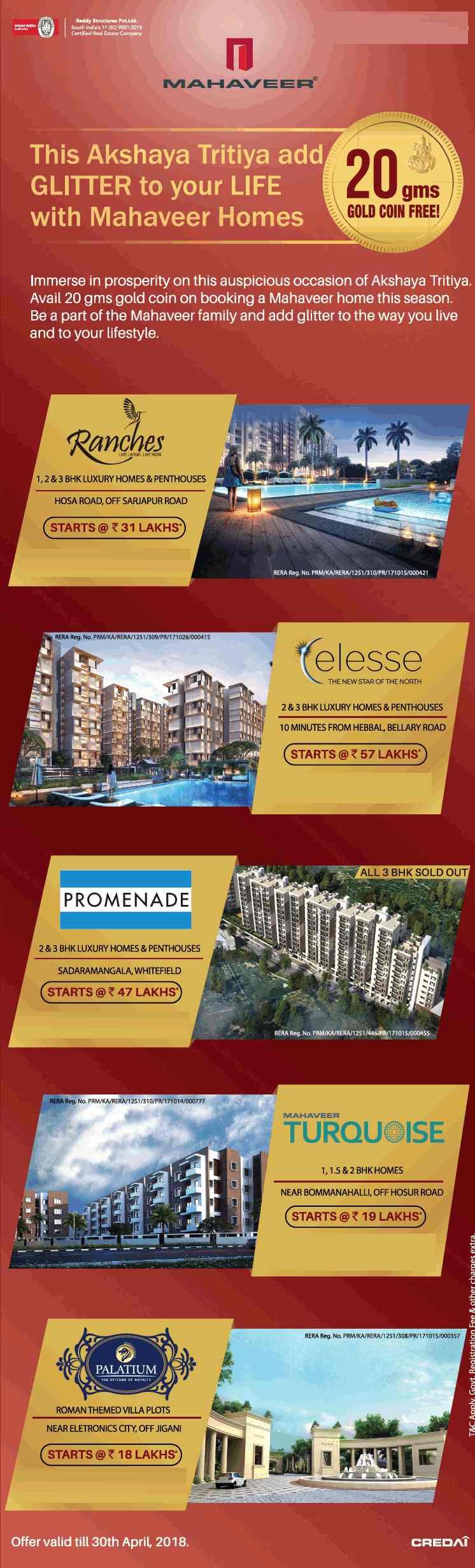 Avail 20 gms gold coin on booking a Mahaveer home during Akshaya Tritiya, Bangalore